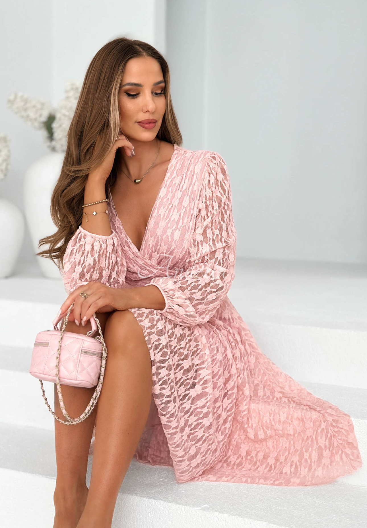 Good Moment lace dress with a gathered waist in powder pink