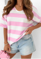 T-shirt z dekoltem w paski Blaire biało-różowy