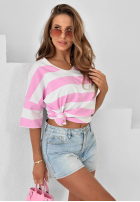 T-shirt z dekoltem w paski Blaire biało-różowy