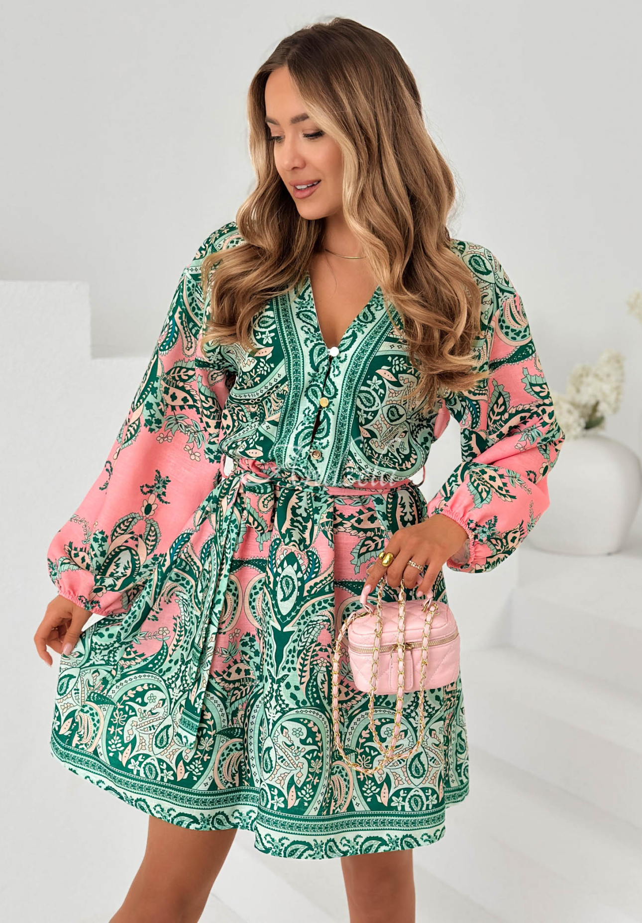 Patterned dress with a belt and cotton from Endless Spring in green and pink