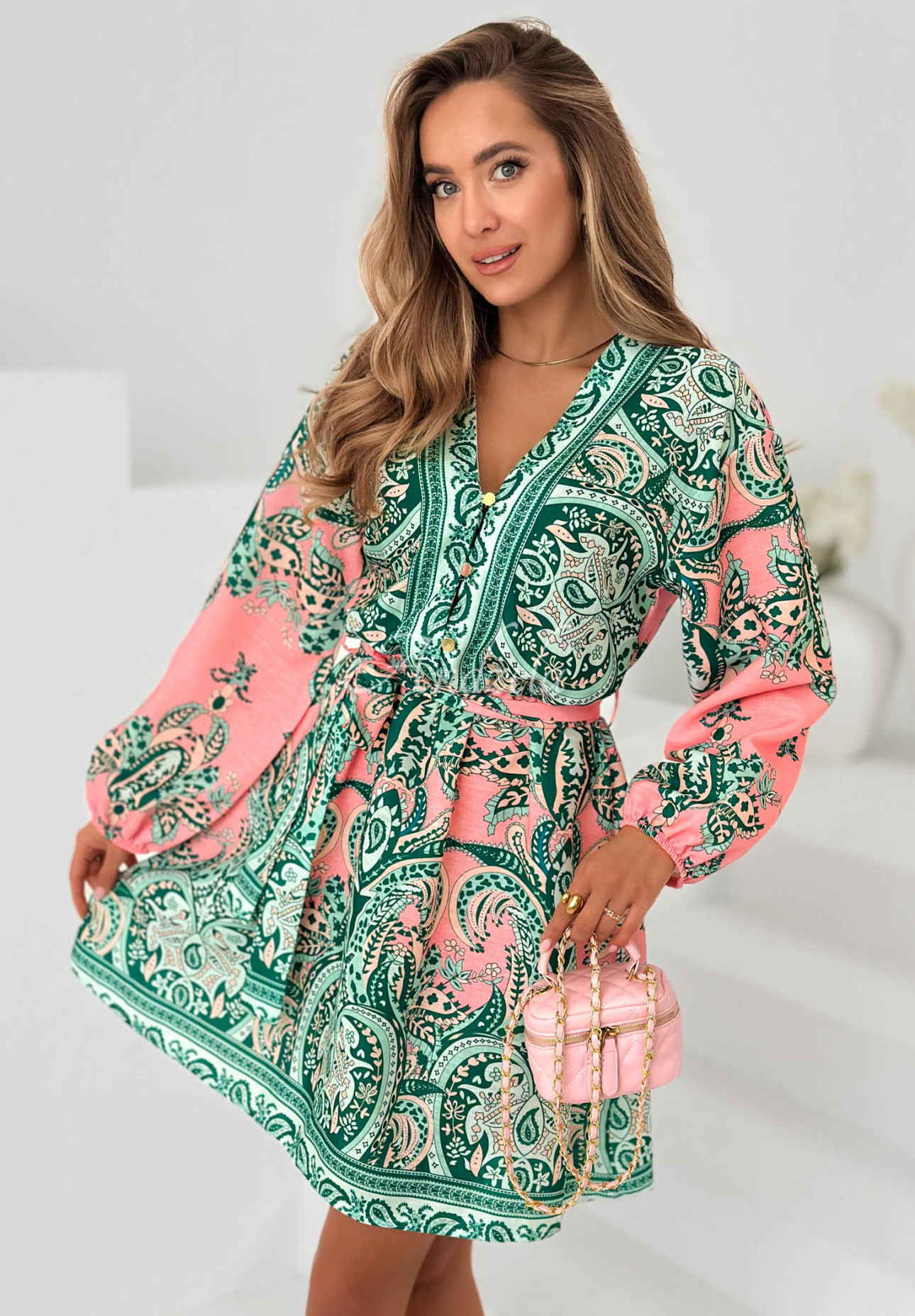 Patterned dress with a belt and cotton from Endless Spring in green and pink