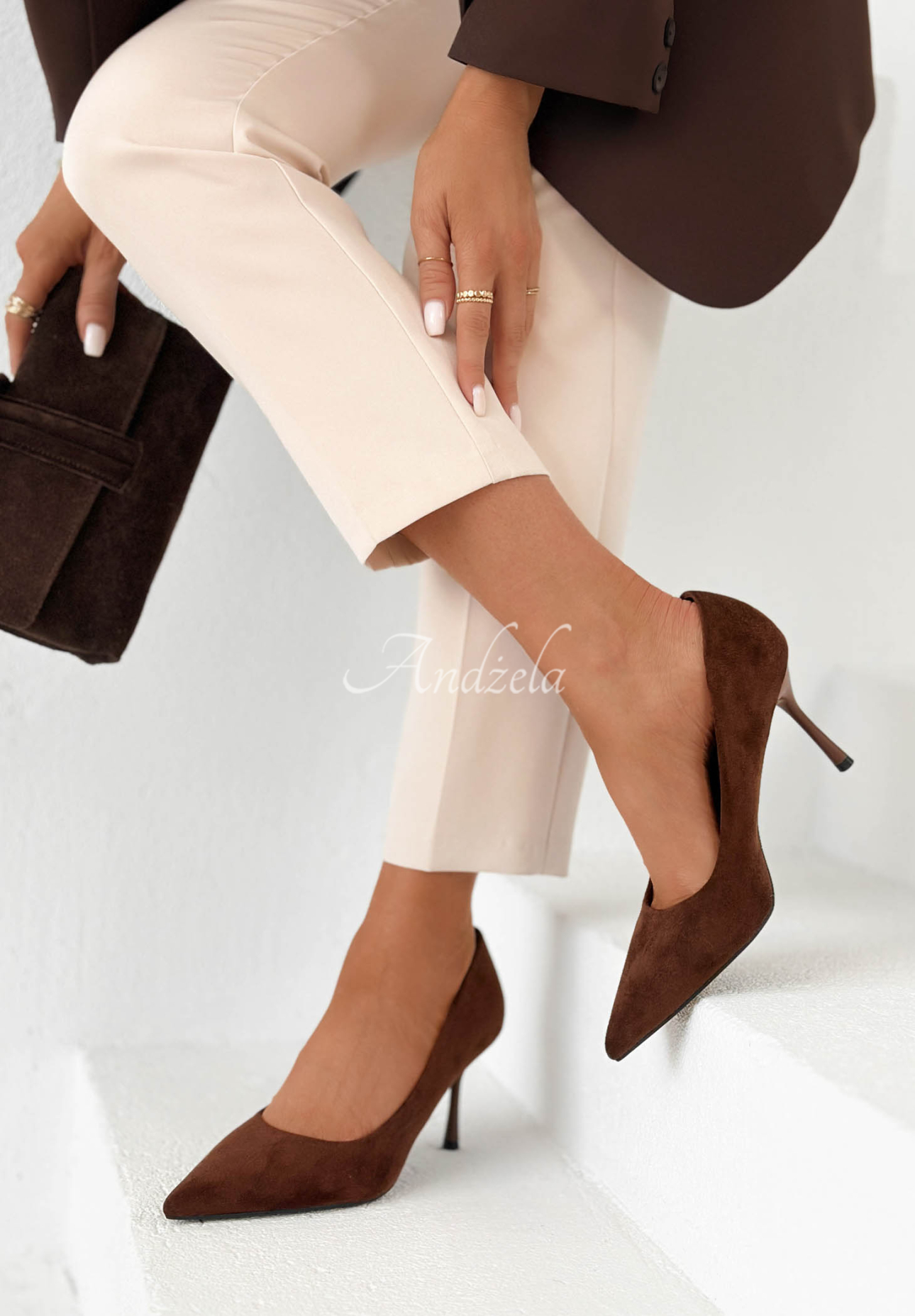 Eloise chocolate-colored suede pointed-toe stilettos