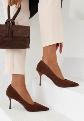 Eloise chocolate-colored suede pointed-toe stilettos