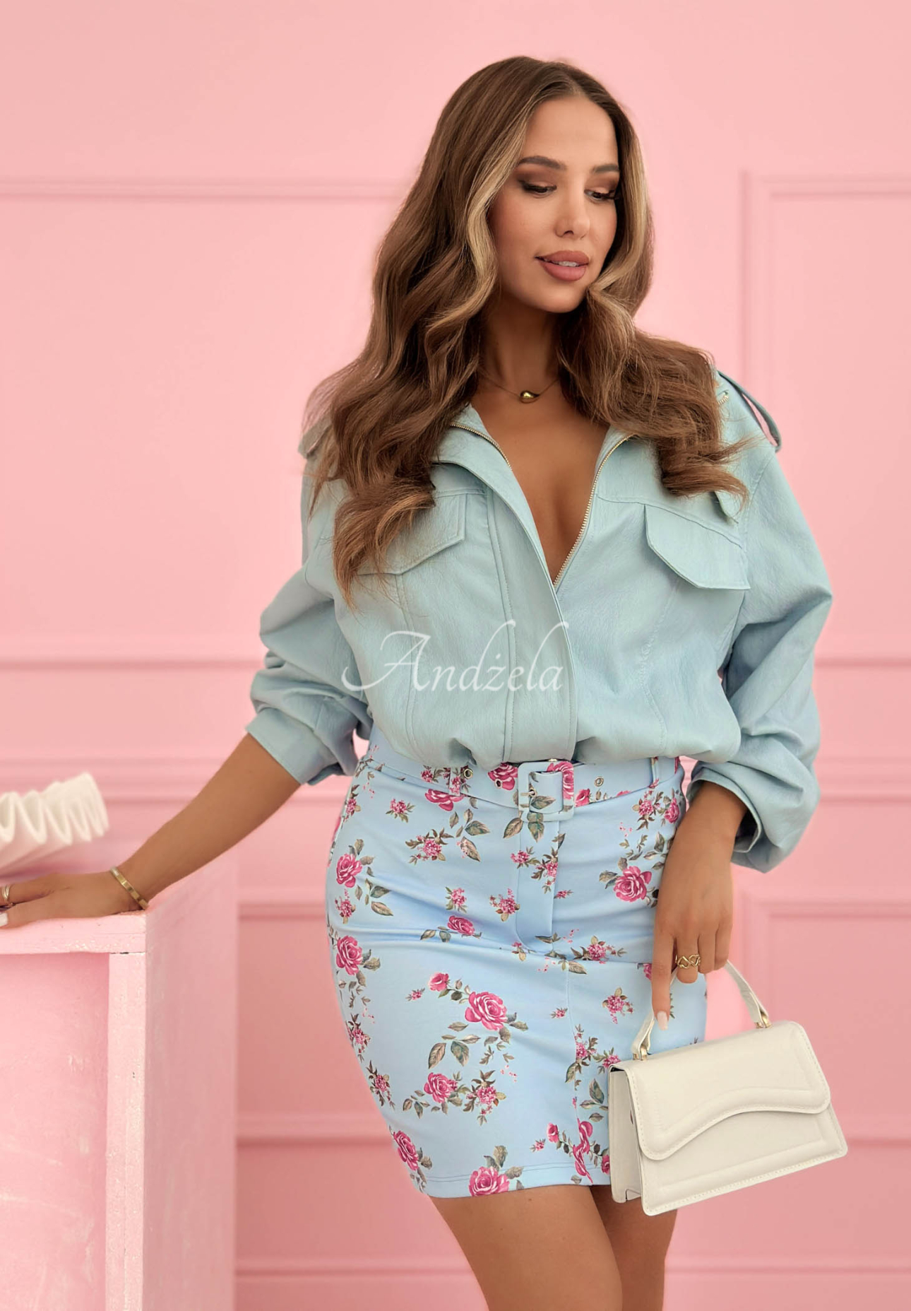 Rose Days Light Blue Viscose Mini Skirt with Roses