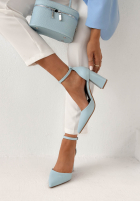 Jeansowe sandałki na słupku Nefertiti niebieskie