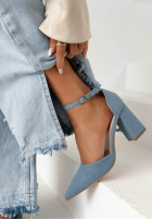 Jeansowe sandałki na słupku Nefertiti niebieskie