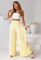 Materiałowe spodnie wide leg z gumką w pasie Tropical Paradise różowe