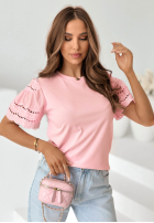 T-shirt z ażurowymi rękawkami Maritta pudrowy róż