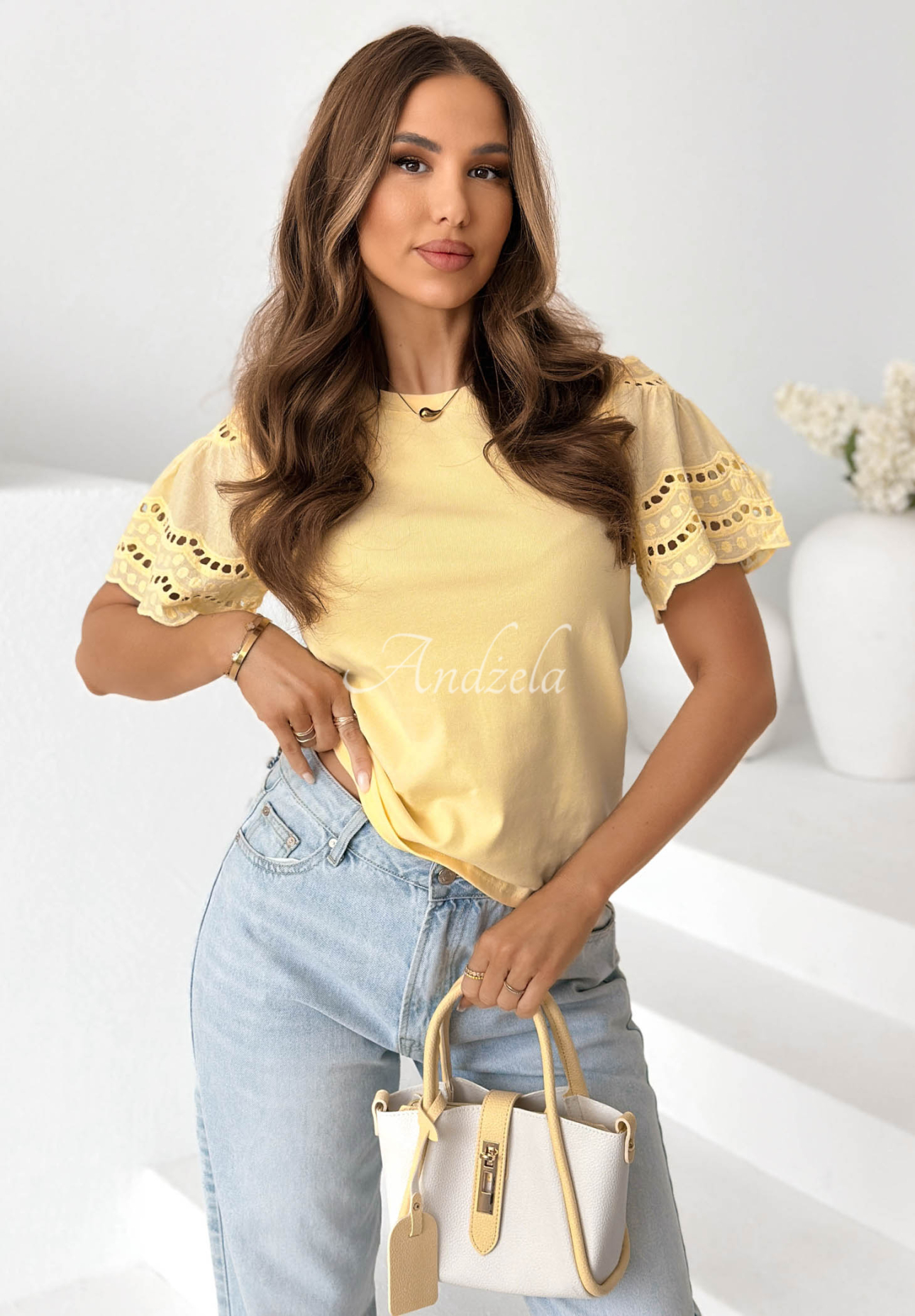 T-shirt z ażurowymi rękawkami Maritta żółty