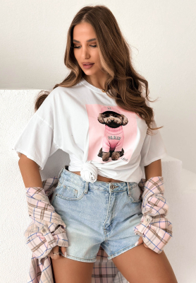White and pink cotton T-shirt with a puppy print