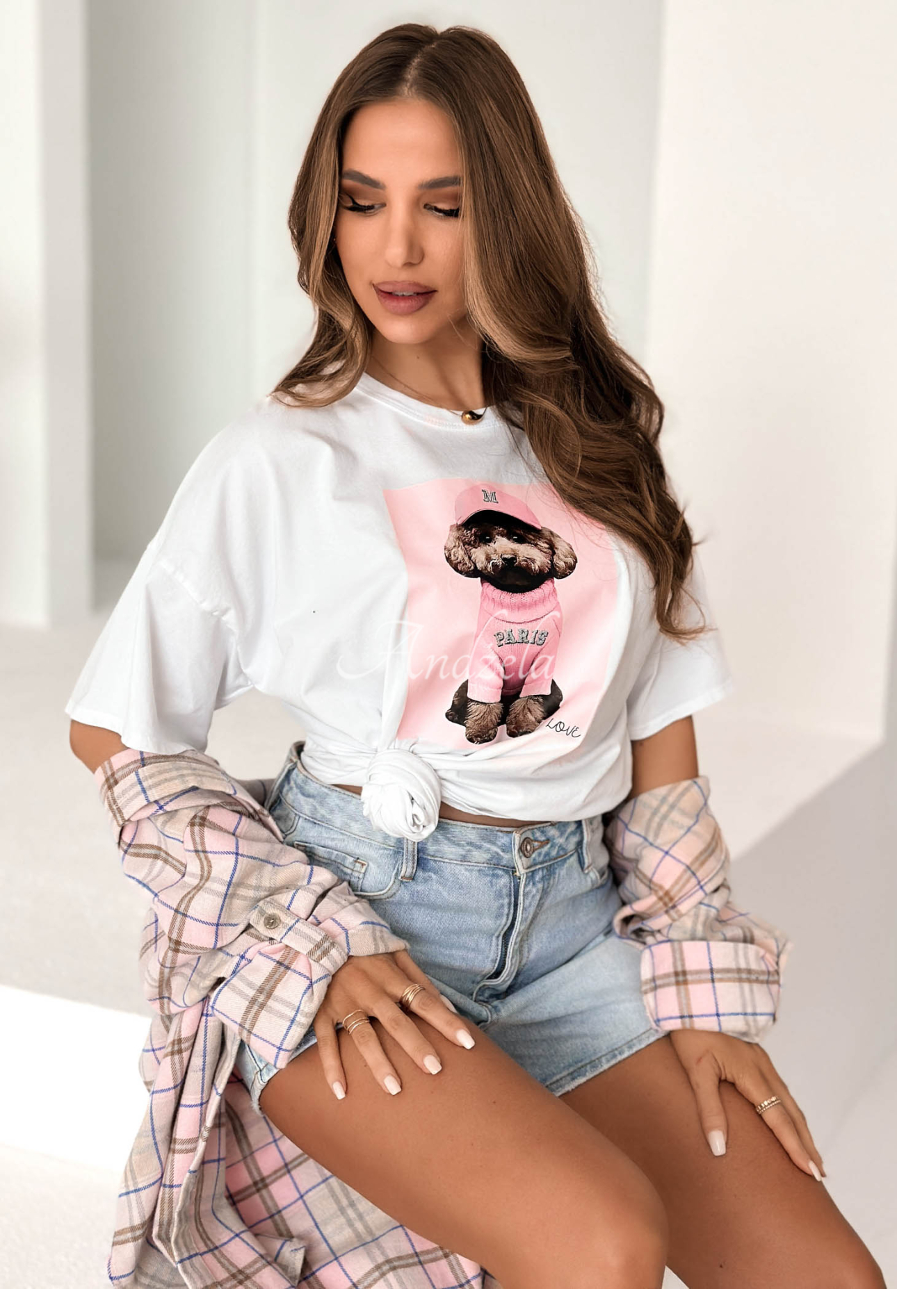 White and pink cotton T-shirt with a puppy print