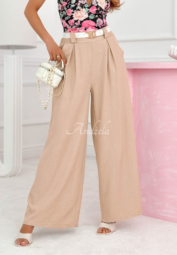 Wiskozowe spodnie szwedy wide leg z paskiem Morning Cappuccino beżowe