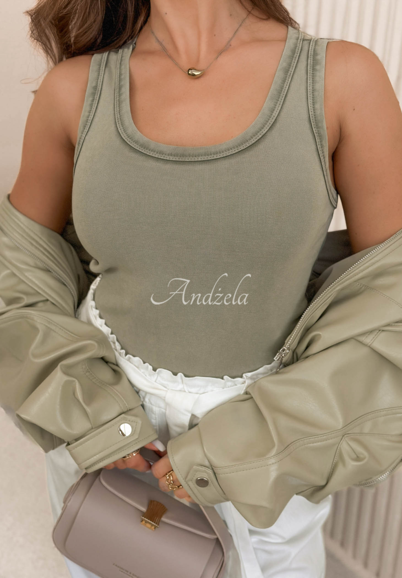 Sunny Palm khaki cotton top with a neckline