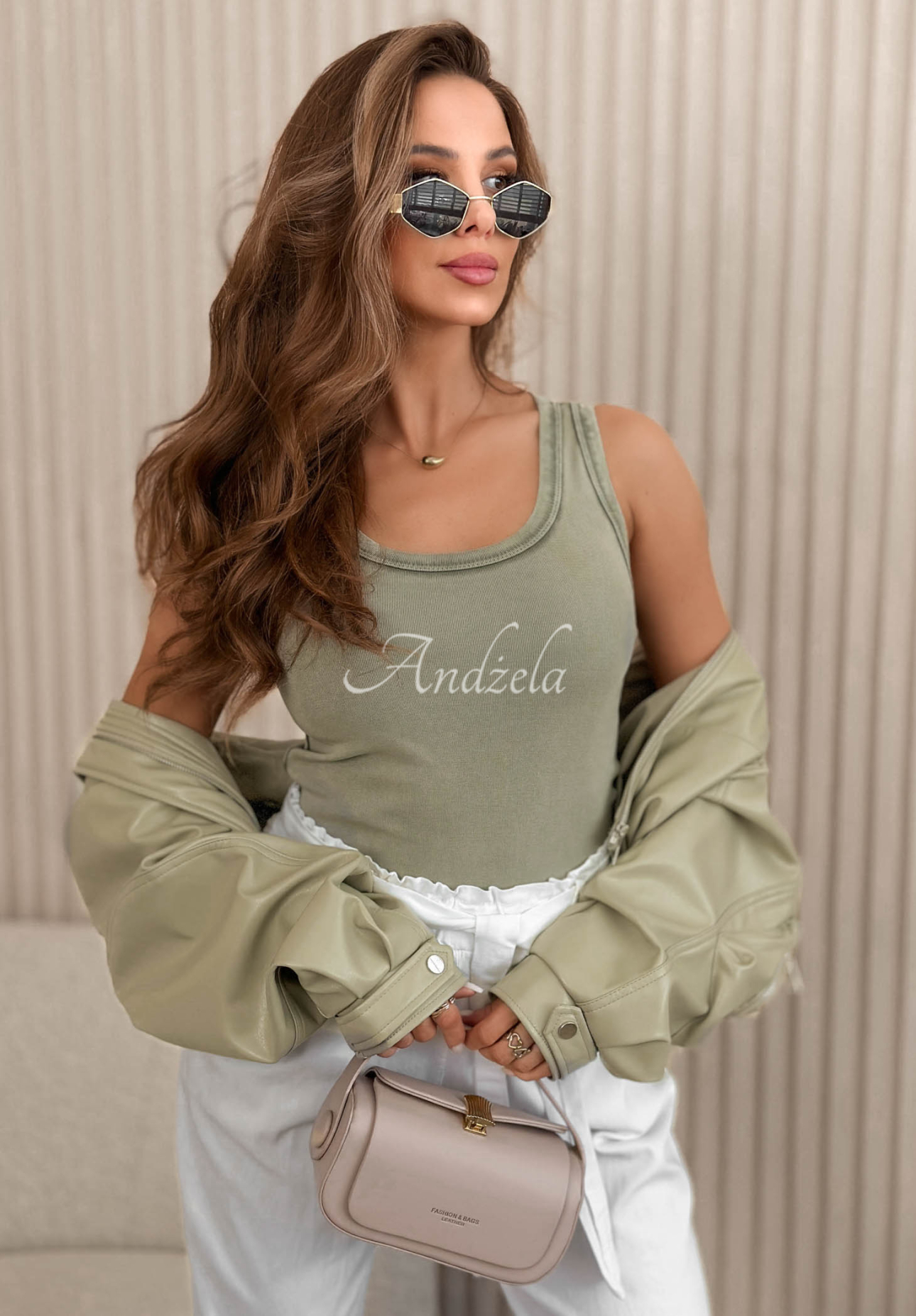 Sunny Palm khaki cotton top with a neckline