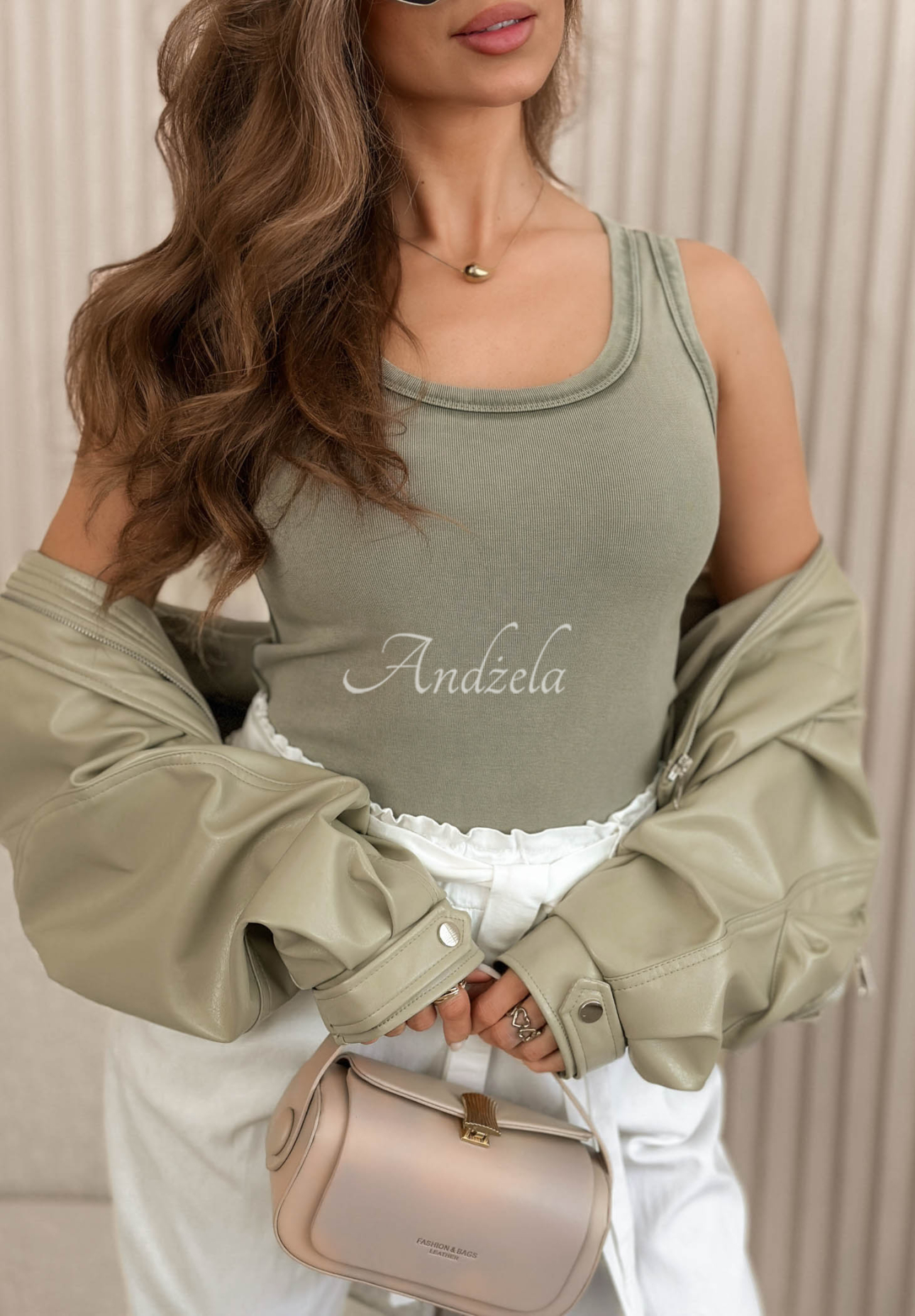 Sunny Palm khaki cotton top with a neckline