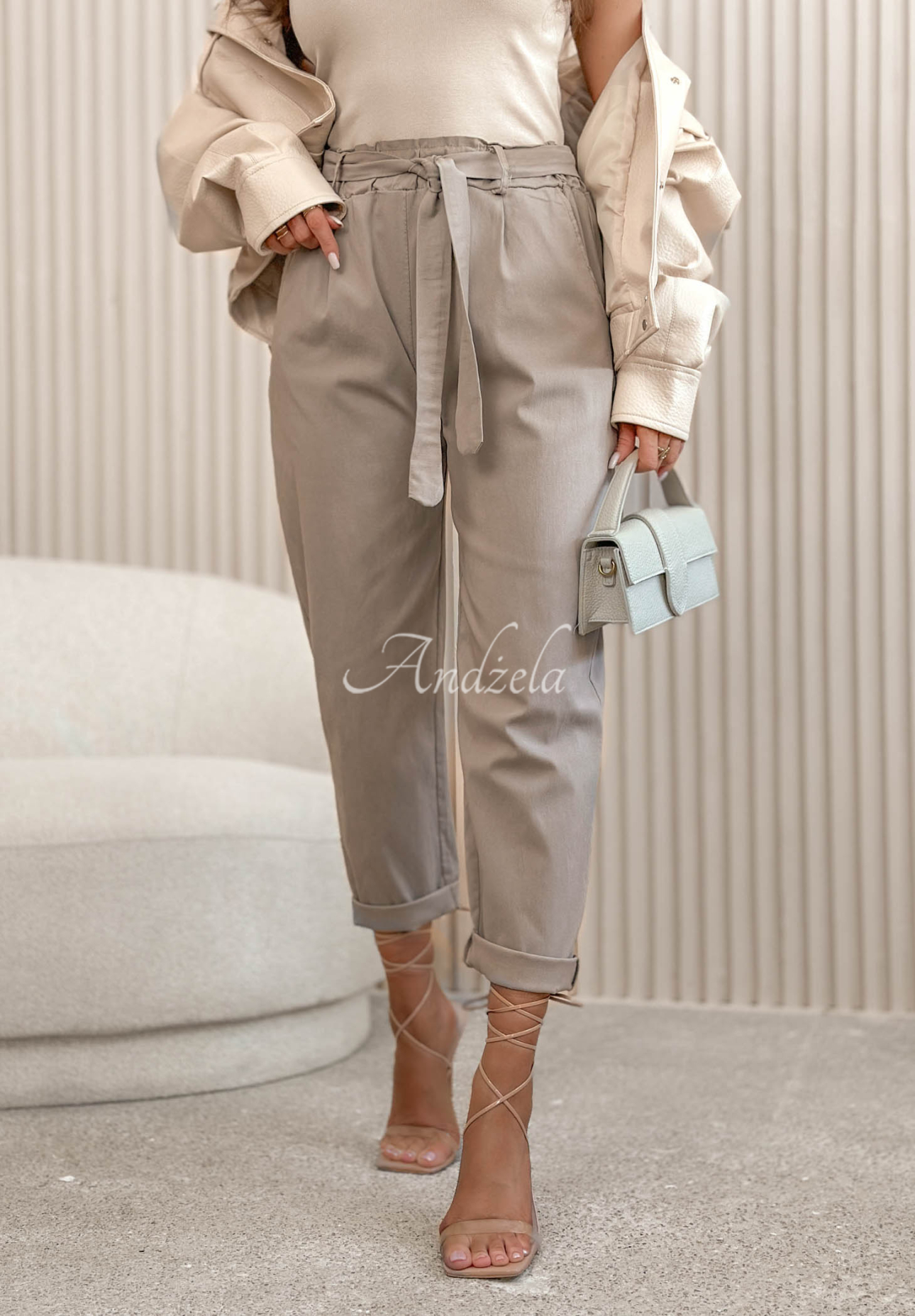 Milan Trip mocha-colored viscose mom-fit pants with a tie-waist belt