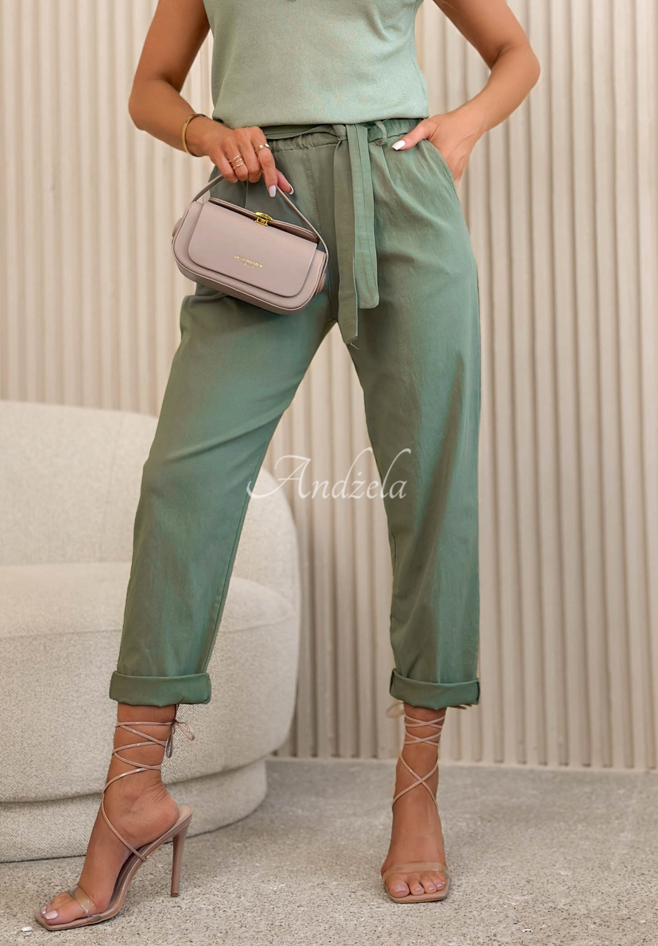 Viscose mom-fit pants with a tie-waist belt – Milan Trip, khaki