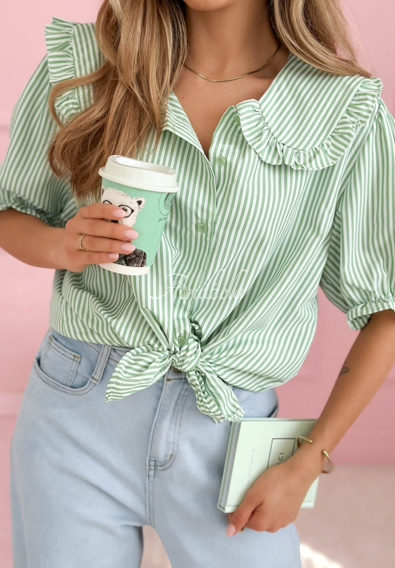 Say It Loud striped collar cotton shirt in pistachio