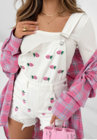 Krótkie jeansowe ogrodniczki w truskawki Sweet Berry białe