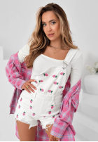 Krótkie jeansowe ogrodniczki w truskawki Sweet Berry białe