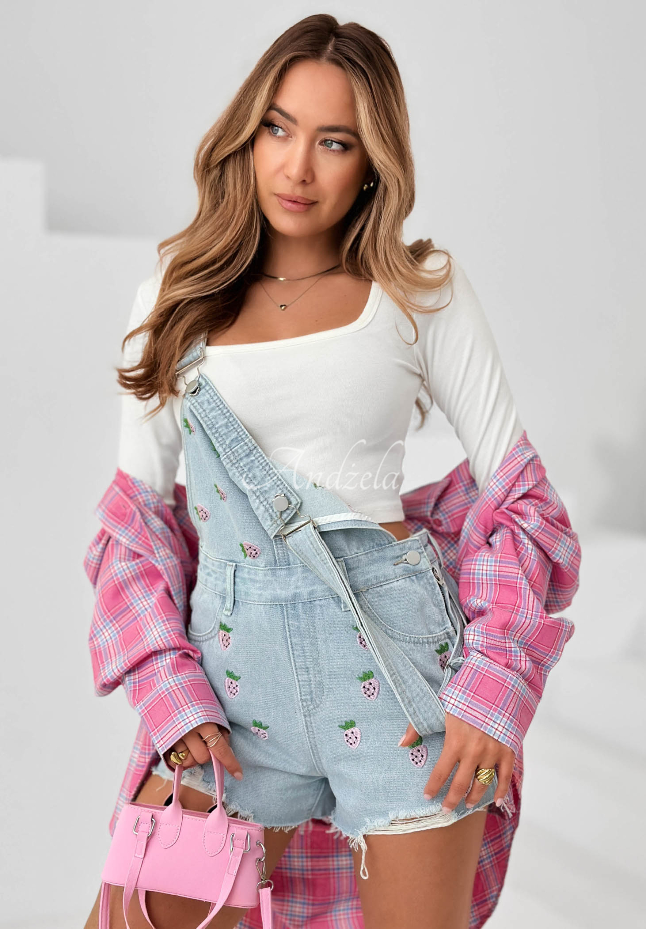 Sweet Berry Light Blue Short Denim Overalls with Strawberry Print