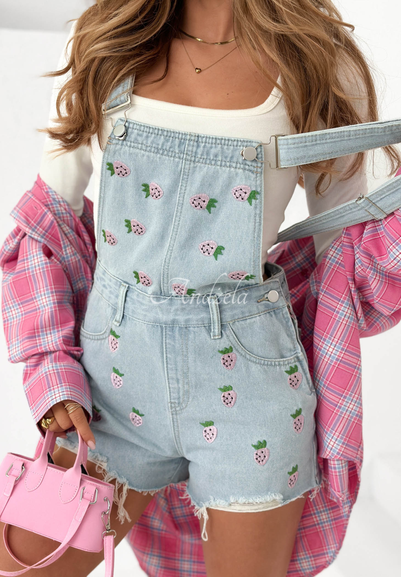 Sweet Berry Light Blue Short Denim Overalls with Strawberry Print