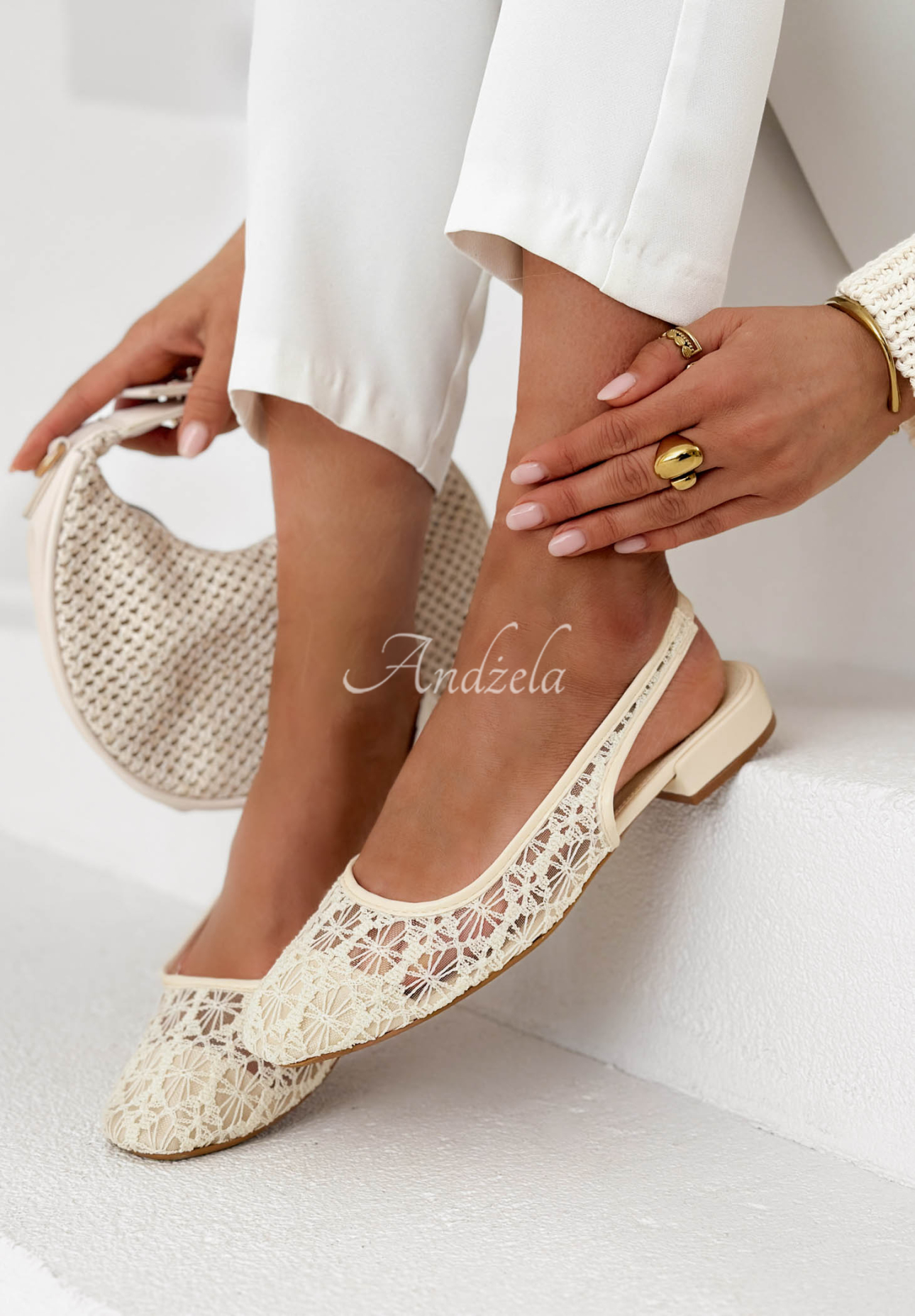 Maisie Light Beige Open-Heel Lace Ballerina Flats