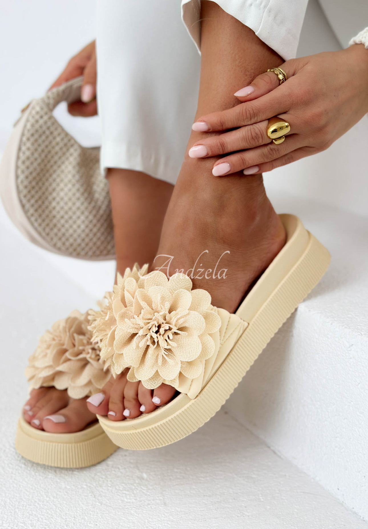 Larissa Beige Platform Flip-Flops with Flowers