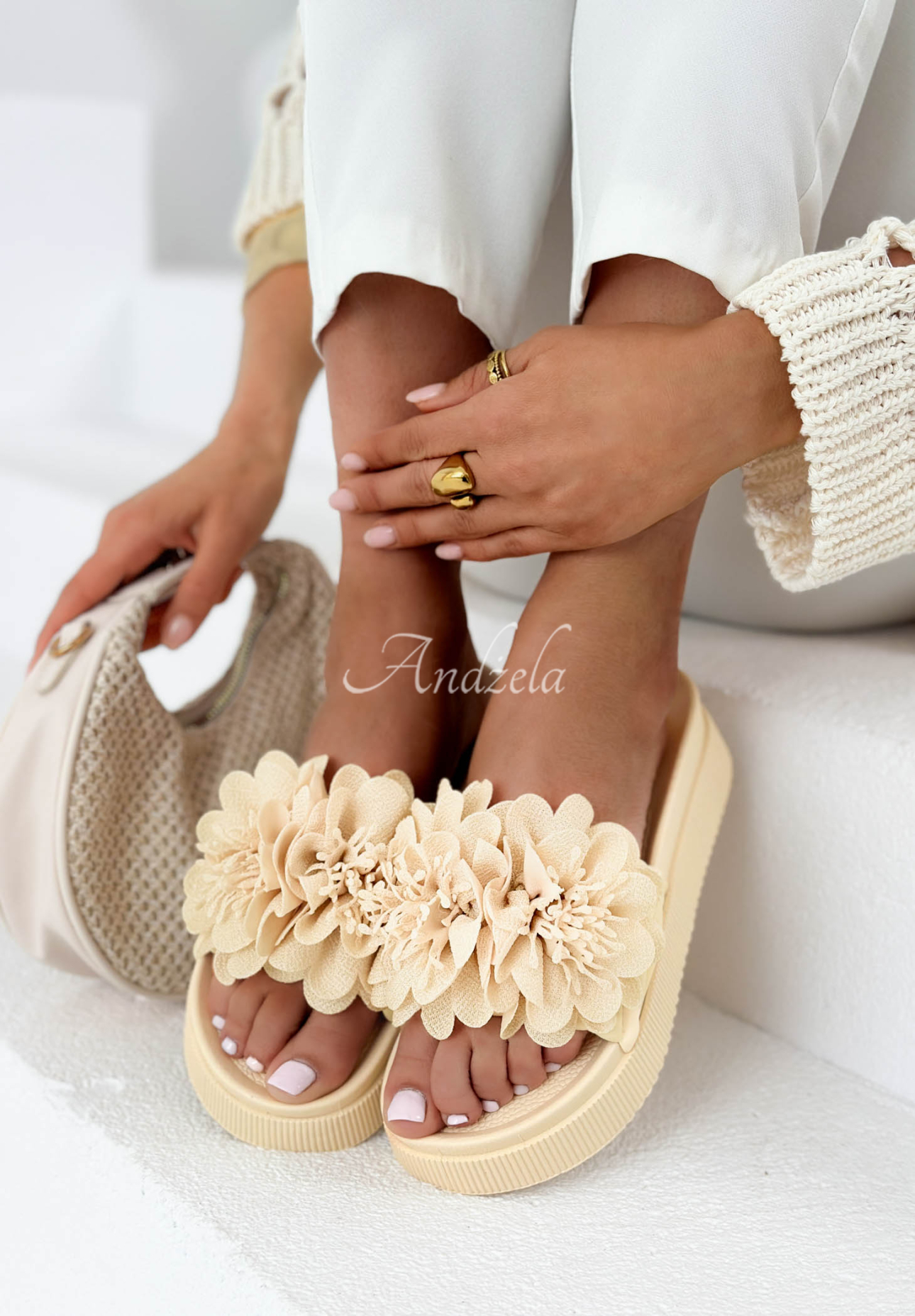 Larissa Beige Platform Flip-Flops with Flowers