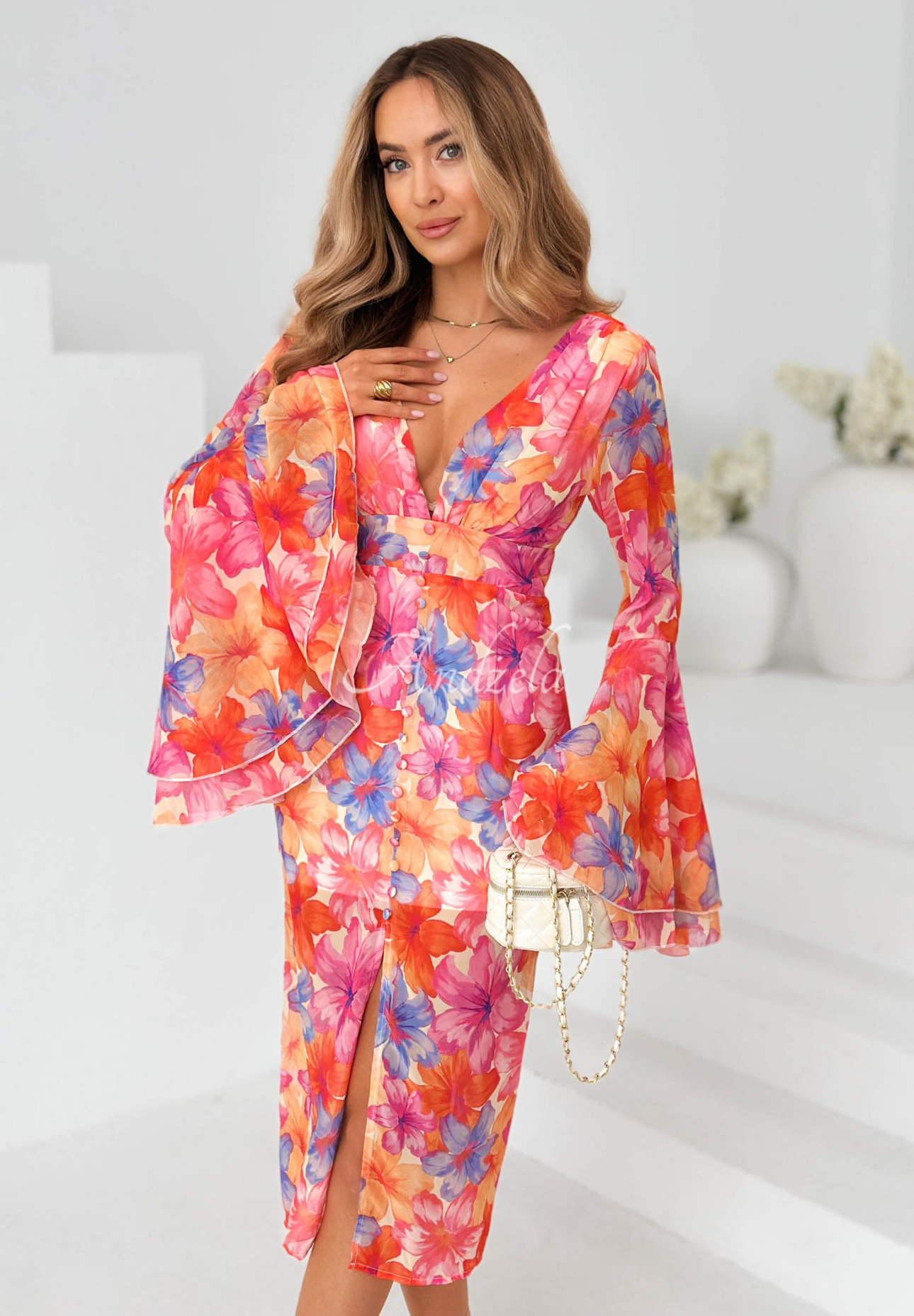 Dreamy Bloom Floral Dress with Wide Sleeves in Orange and Purple