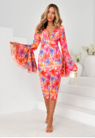 Kwiecista sukienka z szerokimi rękawami Dreamy Bloom pomarańczowo-fioletowa