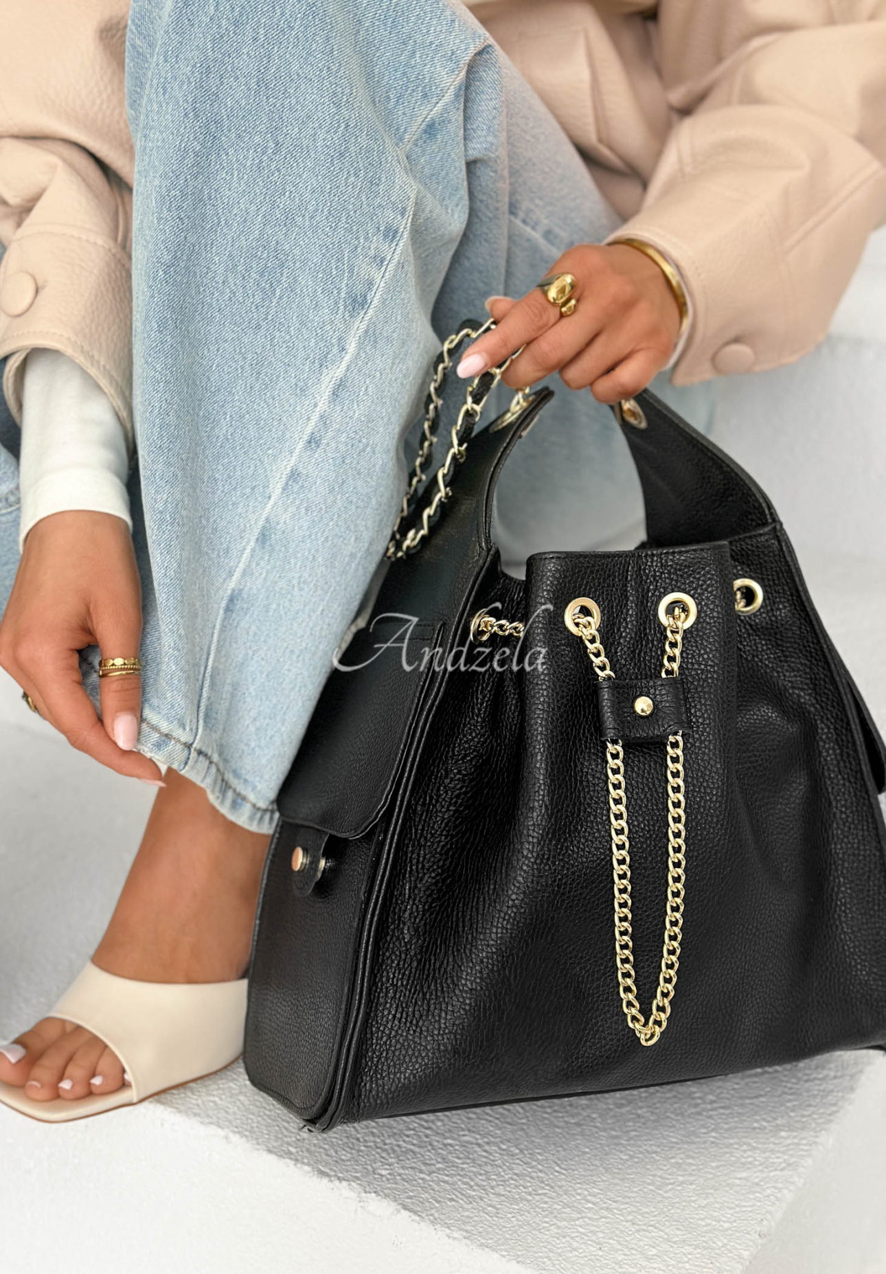 Celestia Black Leather Handbag with Chains