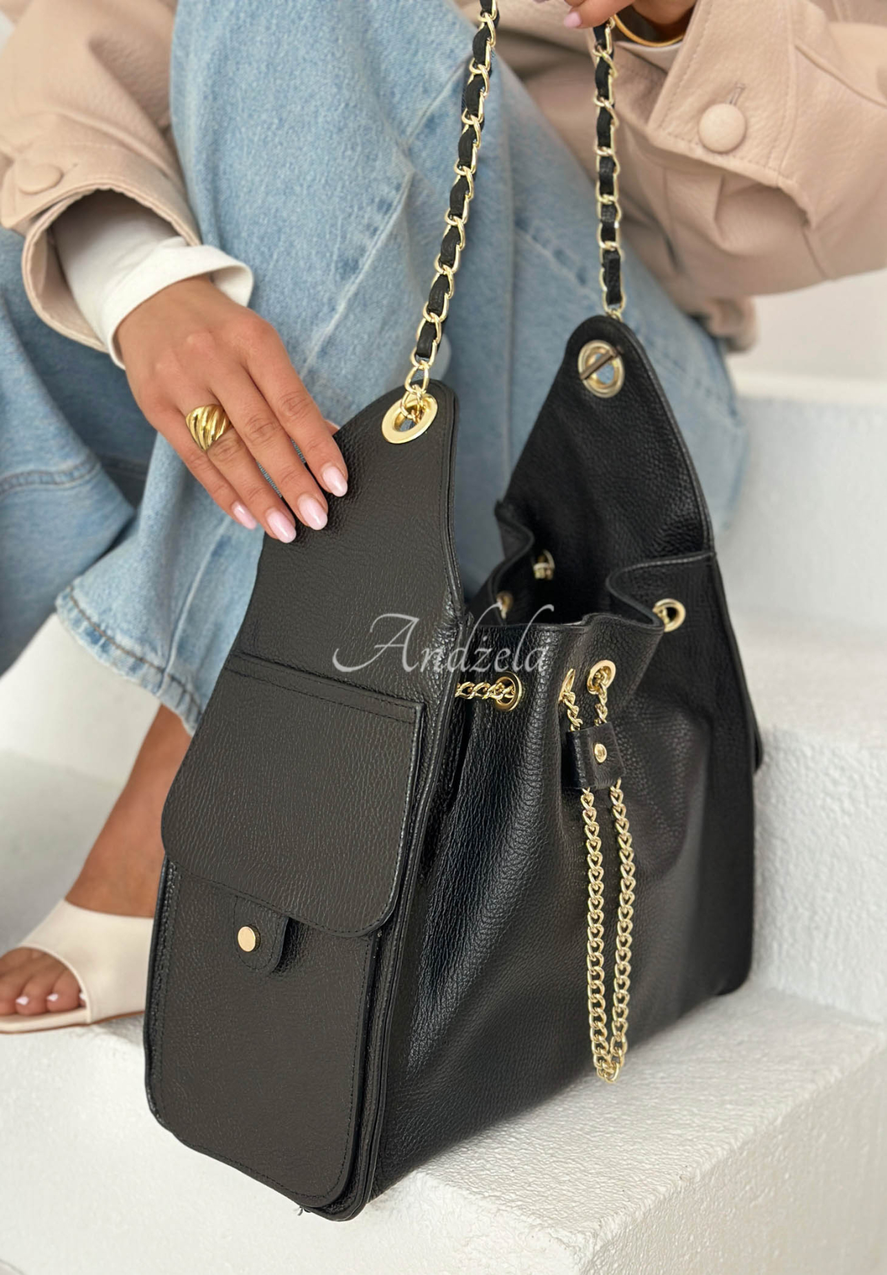 Celestia Black Leather Handbag with Chains
