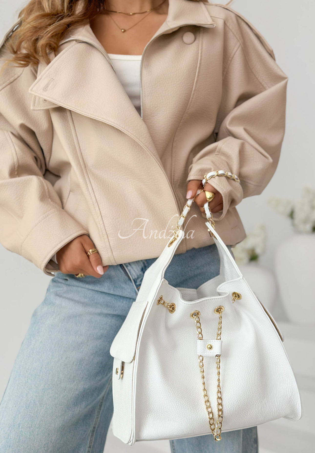 Celestia White Leather Handbag with Chains