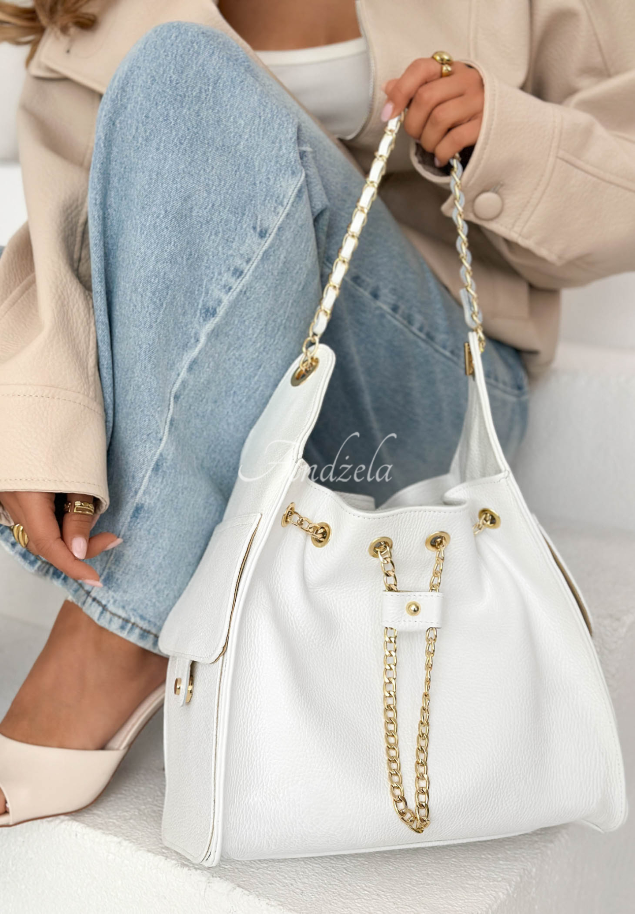 Celestia White Leather Handbag with Chains