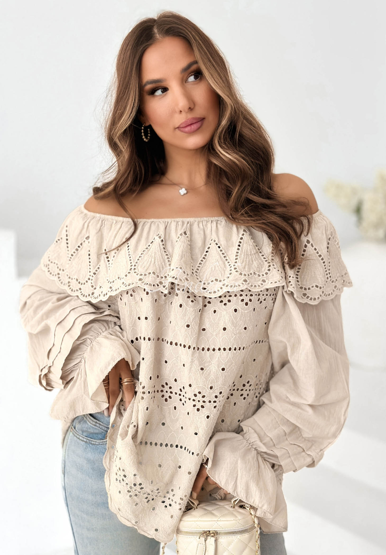 Pretty Sunshine Beige Boho Off-the-Shoulder Openwork Cotton Blouse