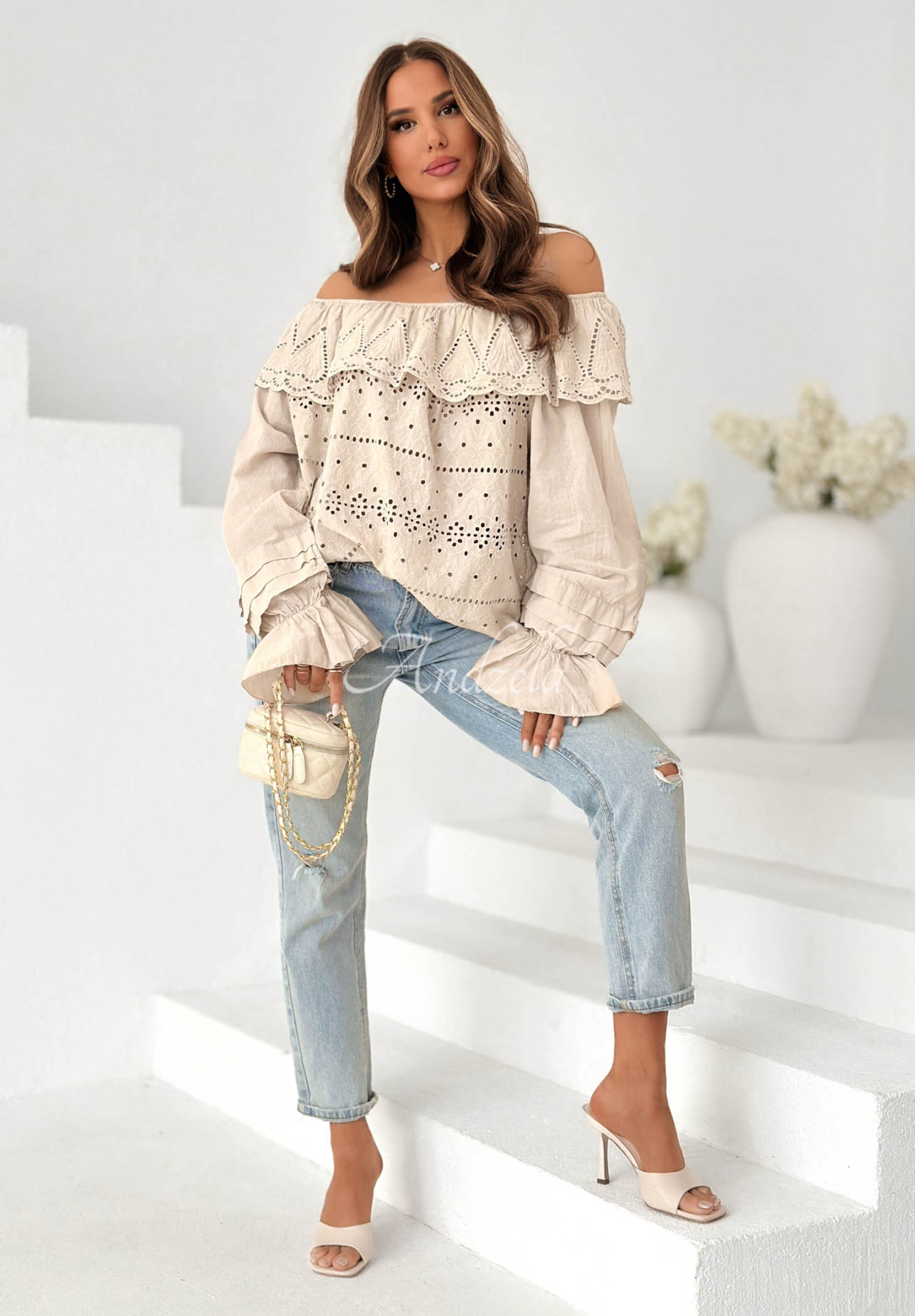 Pretty Sunshine Beige Boho Off-the-Shoulder Openwork Cotton Blouse