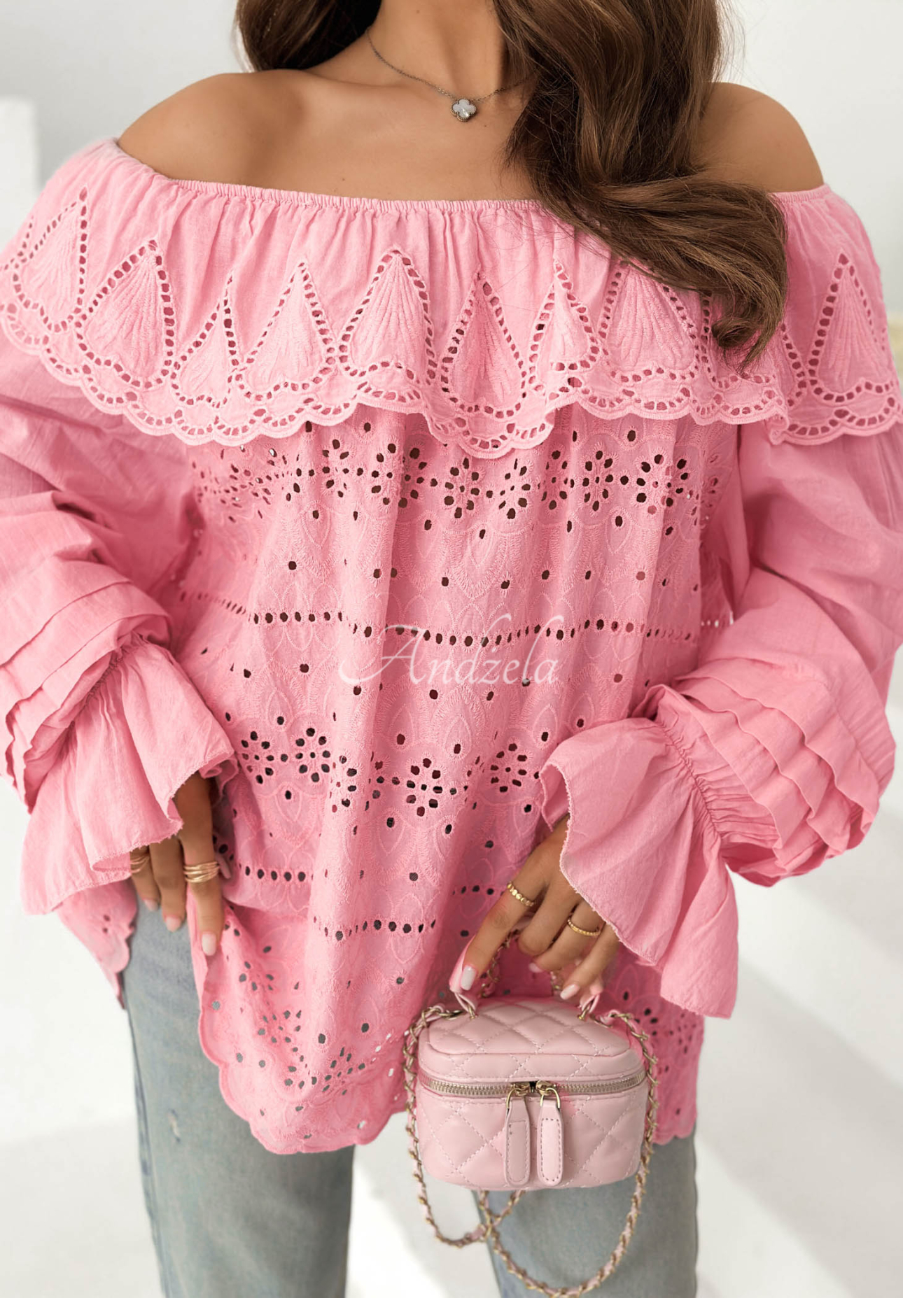 Pretty Sunshine Pink Openwork Boho Off-the-Shoulder Cotton Blouse