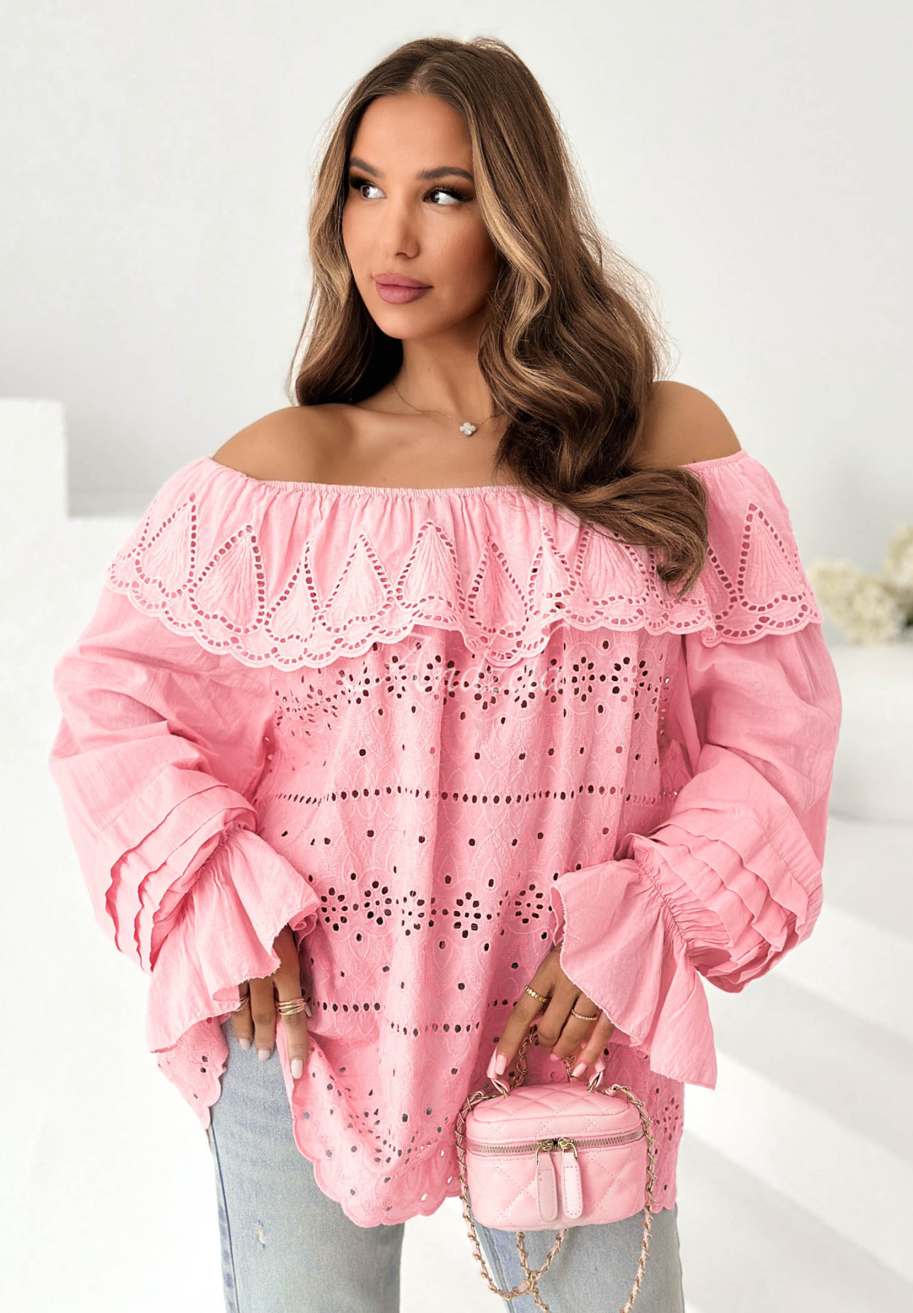 Pretty Sunshine Pink Openwork Boho Off-the-Shoulder Cotton Blouse