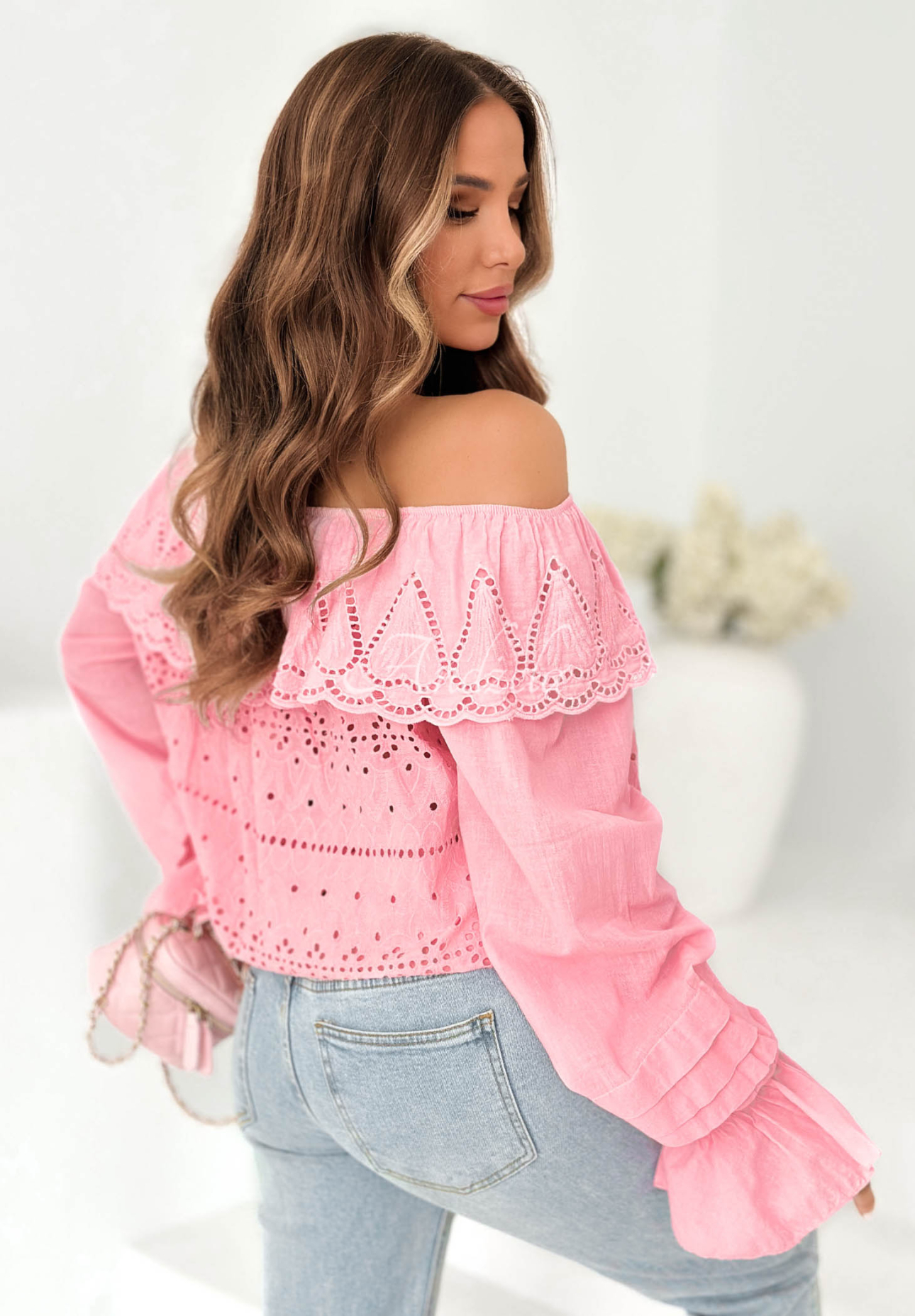 Pretty Sunshine Pink Openwork Boho Off-the-Shoulder Cotton Blouse