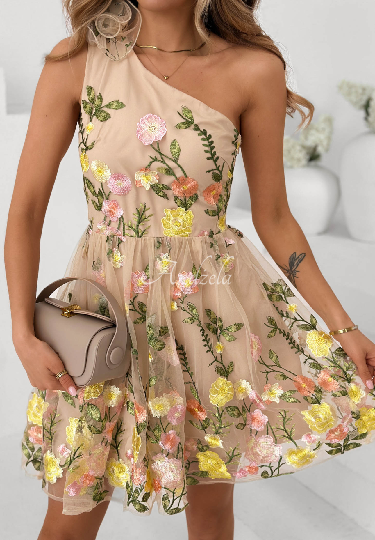 Grace Bloom Beige Tulle Mini Dress with Embroidered Flowers