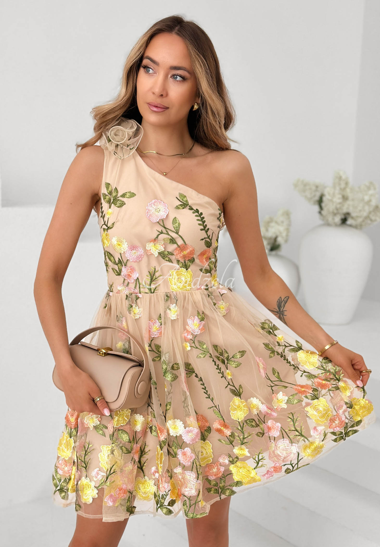 Grace Bloom Beige Tulle Mini Dress with Embroidered Flowers