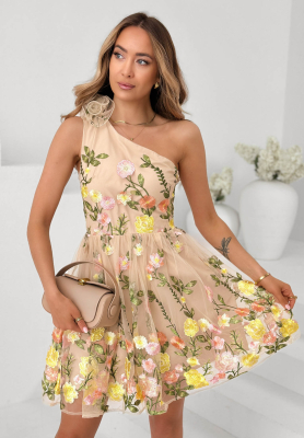 Grace Bloom Beige Tulle Mini Dress with Embroidered Flowers