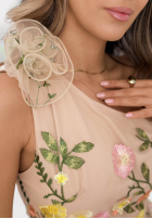 Tiulowa sukienka mini w haftowane kwiaty Grace Bloom beżowa