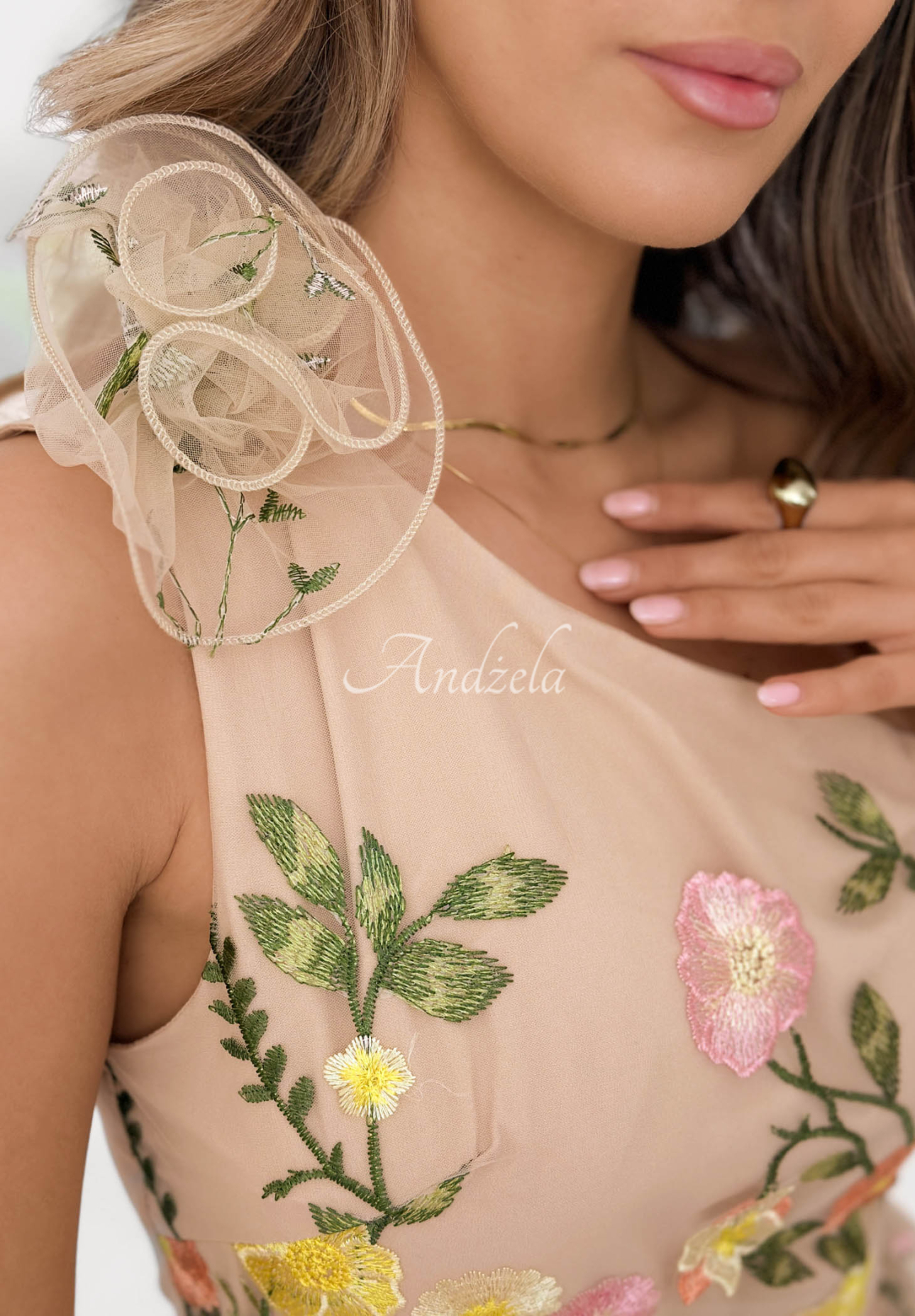 Grace Bloom Beige Tulle Mini Dress with Embroidered Flowers