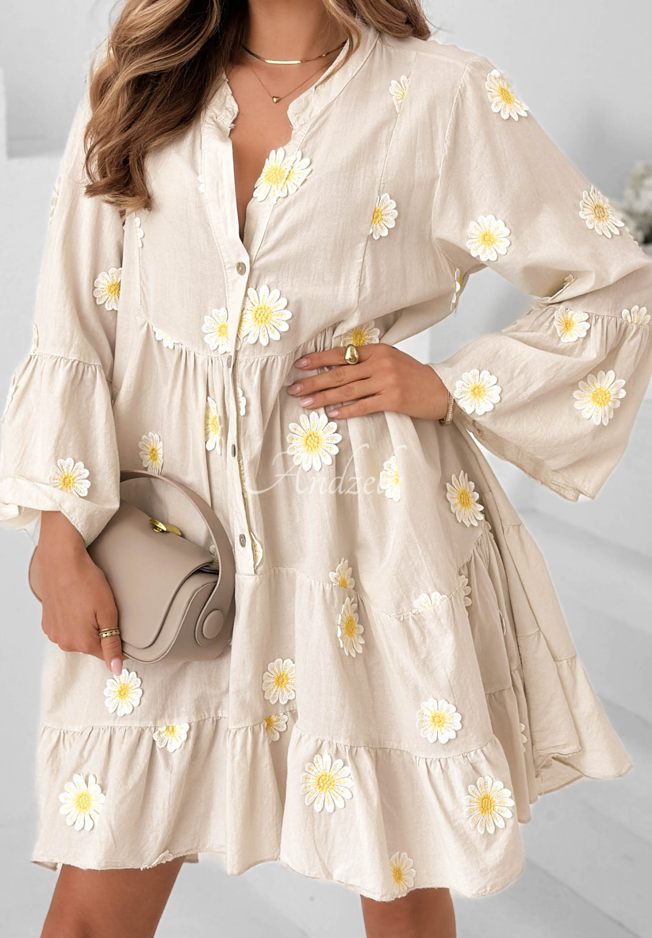 Cute Daisy Beige Cotton Dress with Ruffles and Floral Patches