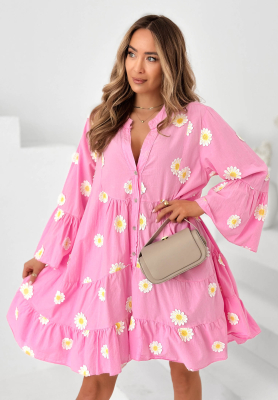 Cute Daisy Pink Cotton Dress with Ruffles and Floral Patches