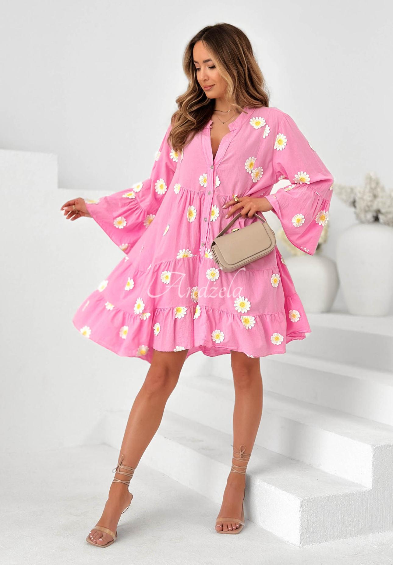 Cute Daisy Pink Cotton Dress with Ruffles and Floral Patches