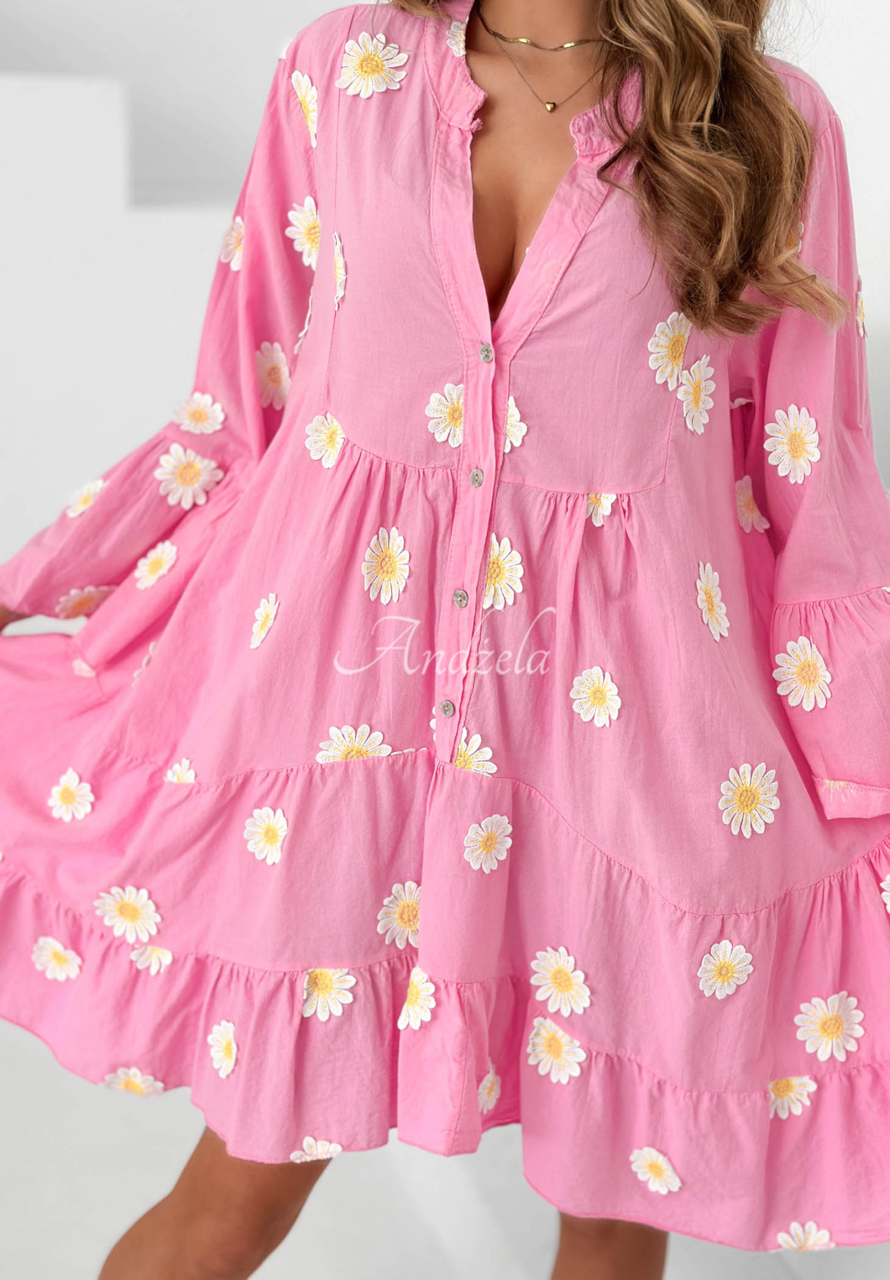 Cute Daisy Pink Cotton Dress with Ruffles and Floral Patches