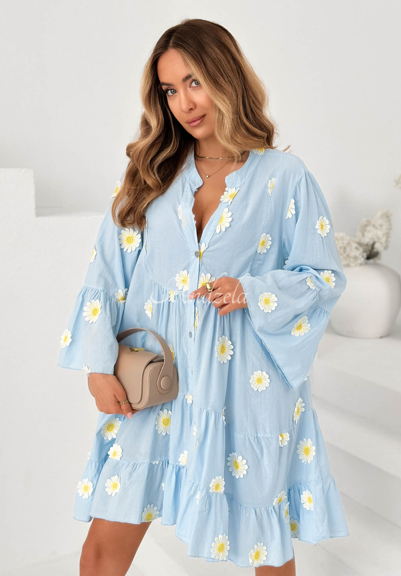 Cute Daisy Light Blue Cotton Dress with Ruffles and Floral Patches
